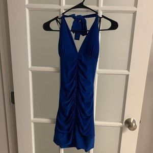 Blue cocktail dress halter tie strap